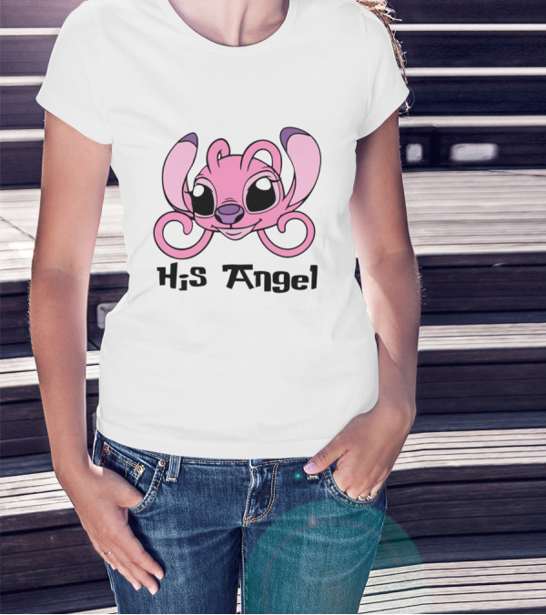Stitch His Angel Pink Character Featuring Large Ears And Whimsical T-Shirt