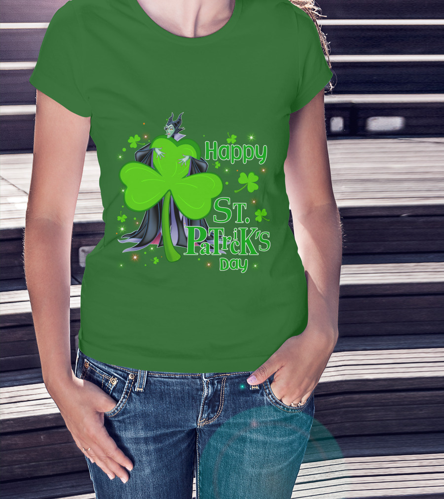 Maleficent Happy St Patrick's Day Shamrock Clover Sparkle T-Shirt