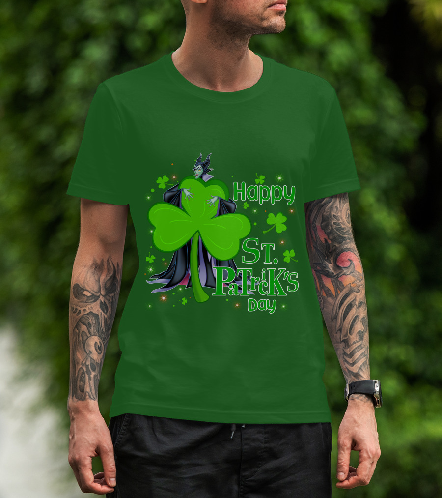 Maleficent Happy St Patrick's Day Shamrock Clover Sparkle T-Shirt