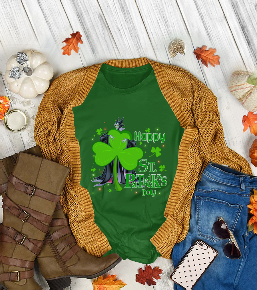 Maleficent Happy St Patrick's Day Shamrock Clover Sparkle T-Shirt