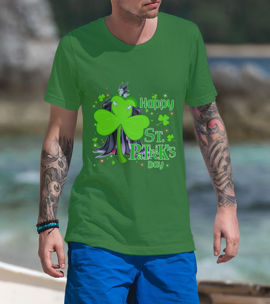 Maleficent Happy St Patrick's Day Shamrock Clover Sparkle T-Shirt