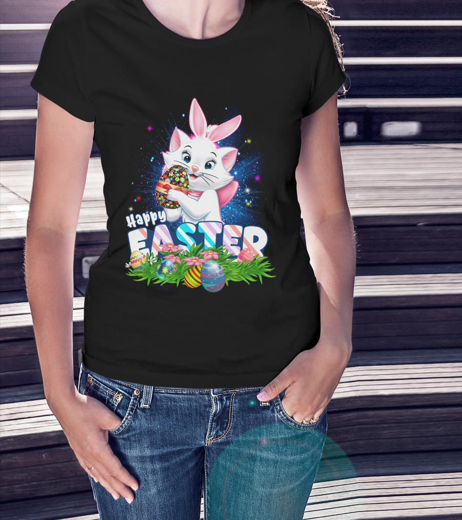 Happy Easter Marie Cat With Colorful Easter Eggs And Flowers T-Shirt