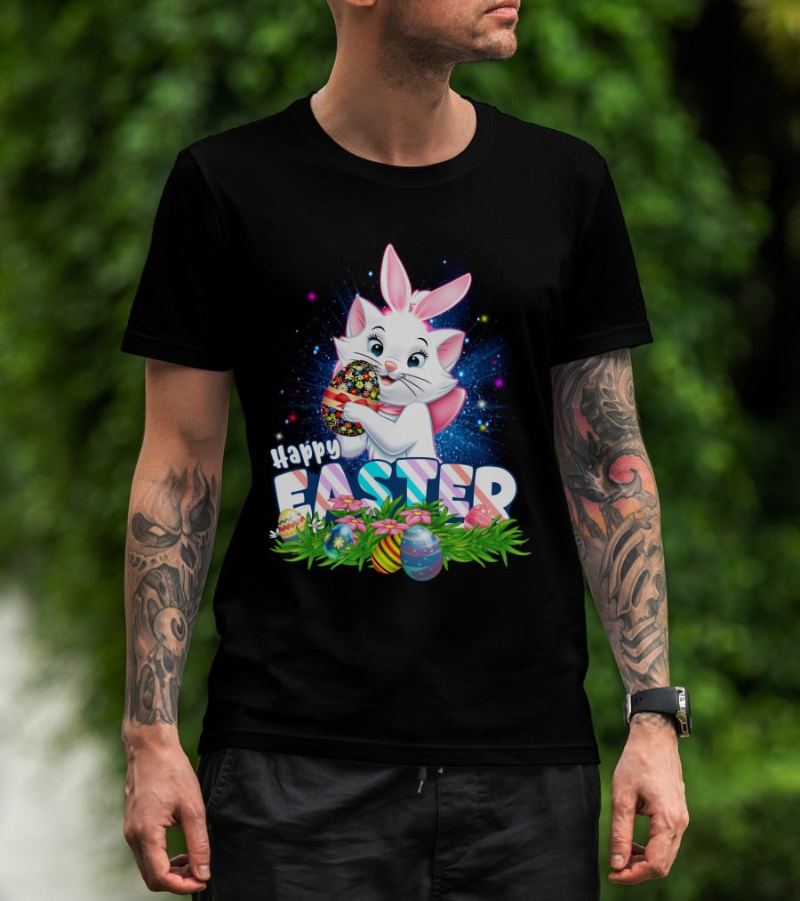 Happy Easter Marie Cat With Colorful Easter Eggs And Flowers T-Shirt