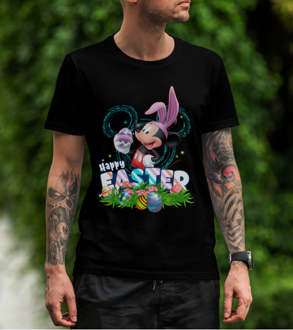 MK Happy Easter Mickey Mouse Bunny Ears Holding Colorful Easter Eggs In Grass T-Shirt