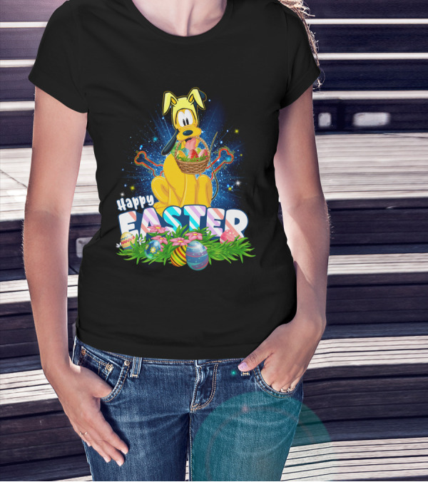 Pluto Happy Easter Basket With Eggs And Flowers T-Shirt