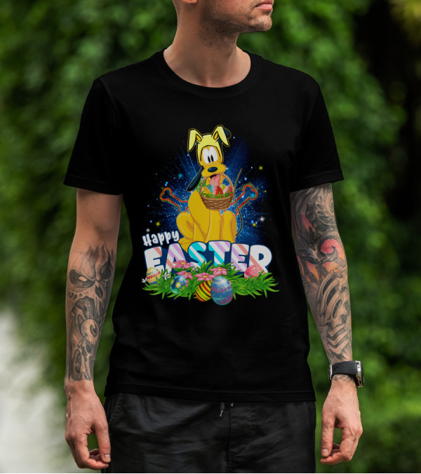 Pluto Happy Easter Basket With Eggs And Flowers T-Shirt