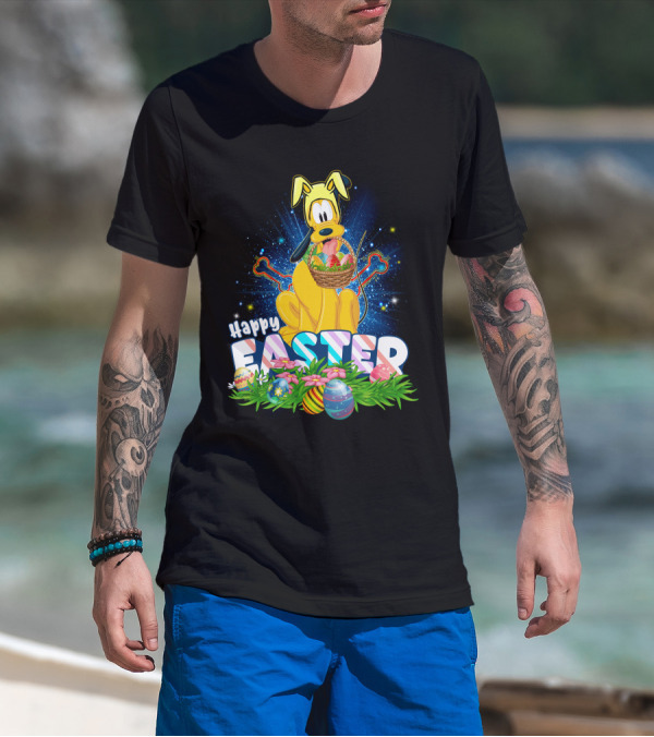 Pluto Happy Easter Basket With Eggs And Flowers T-Shirt
