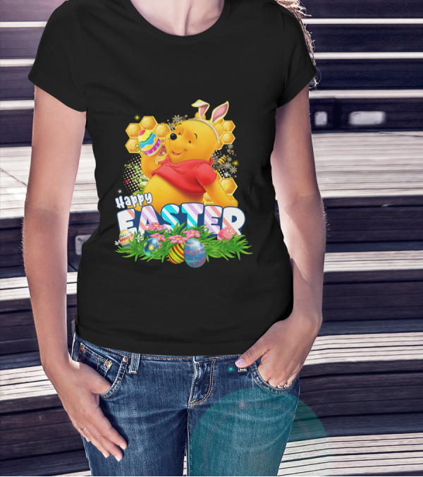 Pooh Happy Easter With Eggs And Honeycomb Background T-Shirt