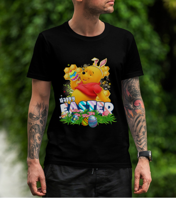 Pooh Happy Easter With Eggs And Honeycomb Background T-Shirt