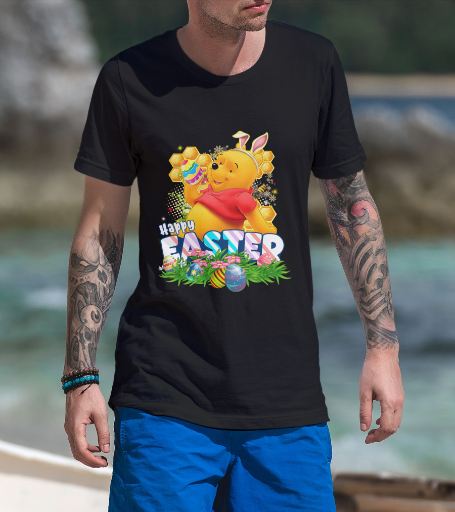 Pooh Happy Easter With Eggs And Honeycomb Background T-Shirt