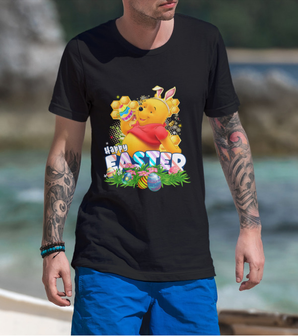Pooh Happy Easter With Eggs And Honeycomb Background T-Shirt