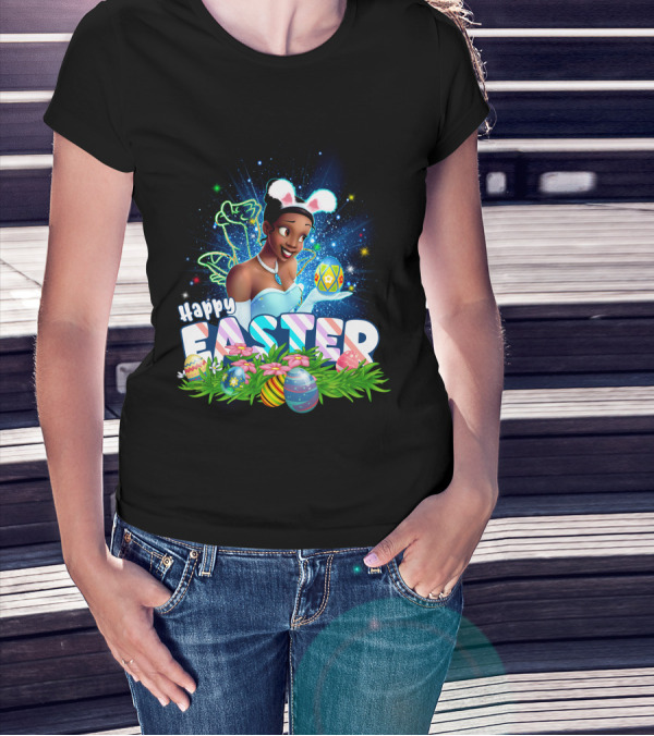 Tiana Happy Easter Bunny Ears Sparkling Eggs And Flowers T-Shirt