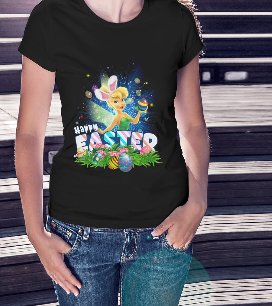 Happy Easter Tinkerbell With Bunny Ears And Colorful Eggs T-Shirt