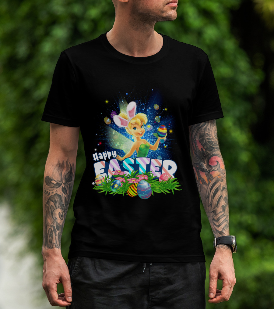 Happy Easter Tinkerbell With Bunny Ears And Colorful Eggs T-Shirt