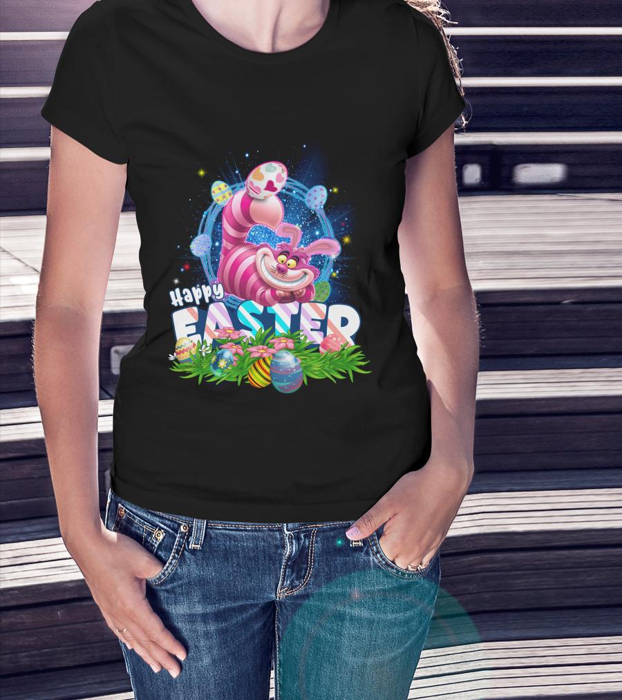Cheshire Cat Happy Easter Eggs And Flowers T-Shirt