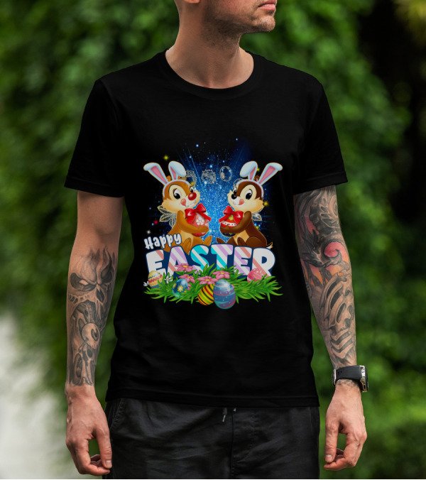 Chip Dale Happy Easter With Bunny Ears And Colorful Eggs T-Shirt