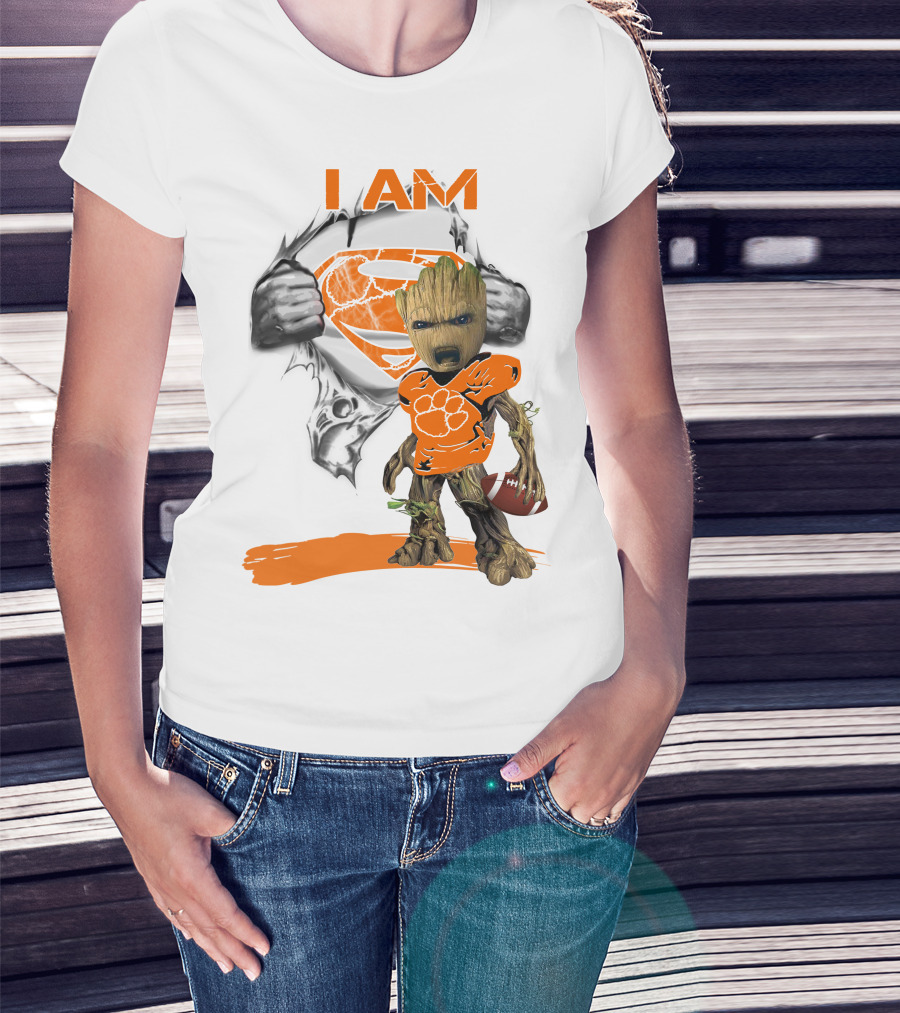 I Am Clemson Baby Groot Superman Football T-Shirt