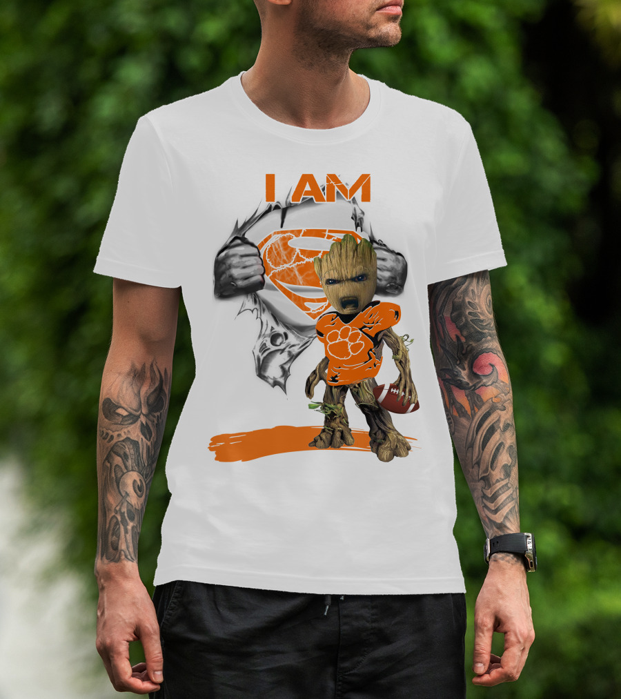 I Am Clemson Baby Groot Superman Football T-Shirt