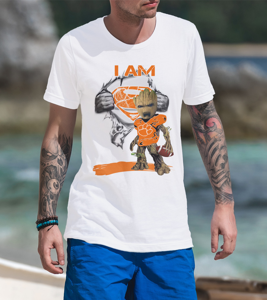 I Am Clemson Baby Groot Superman Football T-Shirt