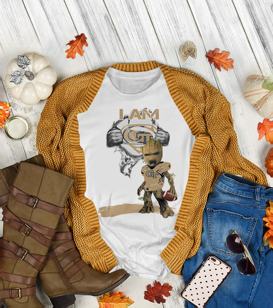 I AM Georgia Tech Baby Groot Superman Football T-Shirt