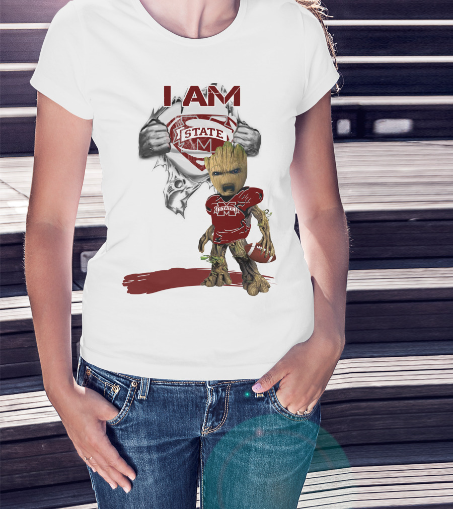I Am Mississippi State Baby Groot Superman Football T-Shirt