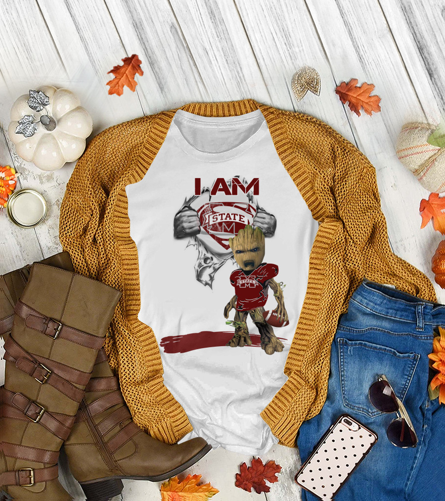 I Am Mississippi State Baby Groot Superman Football T-Shirt