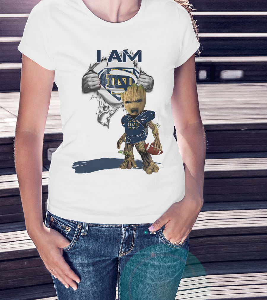 I Am Notre Dame ND Baby Groot Superman Football T-Shirt