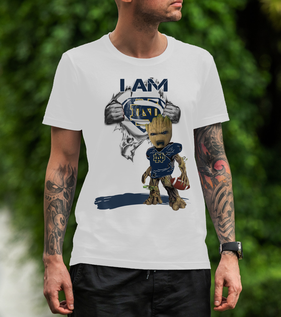 I Am Notre Dame ND Baby Groot Superman Football T-Shirt