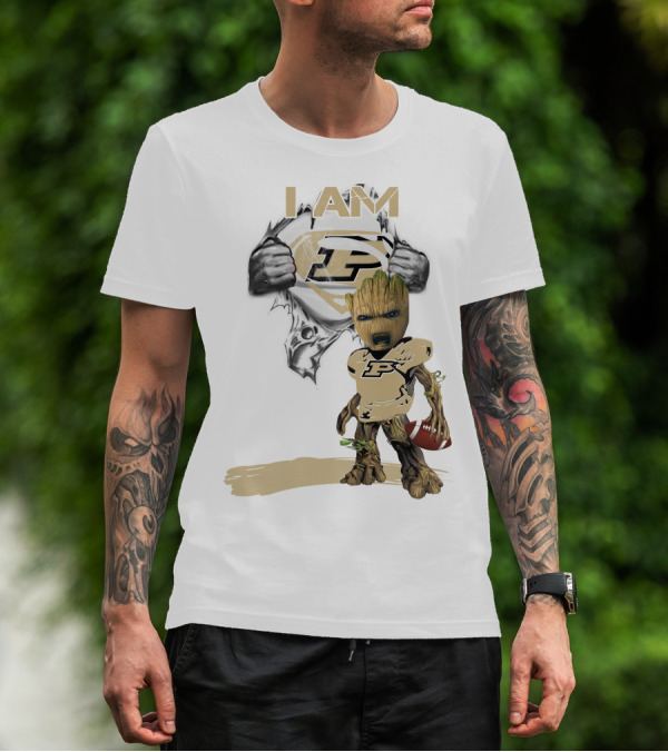 I AM Purdue Baby Groot With Football Superman T-Shirt