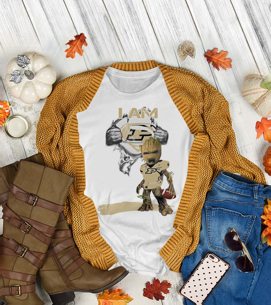 I AM Purdue Baby Groot with Football Superman T-Shirt
