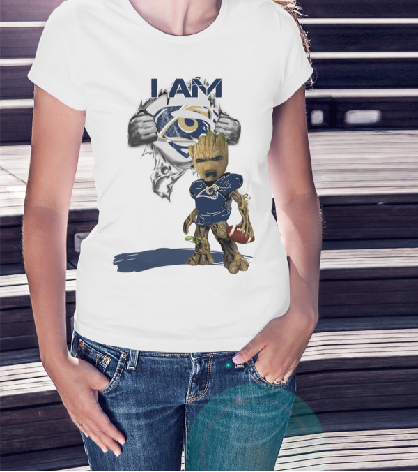 I AM Rams Baby Groot Superman Football Hero T-Shirt
