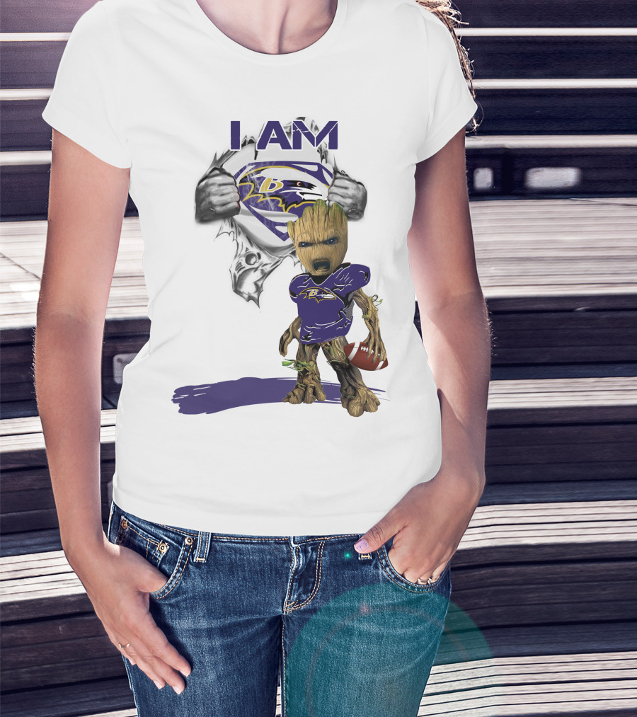 I Am Ravens Baby Groot Superman Football Ravens T-Shirt