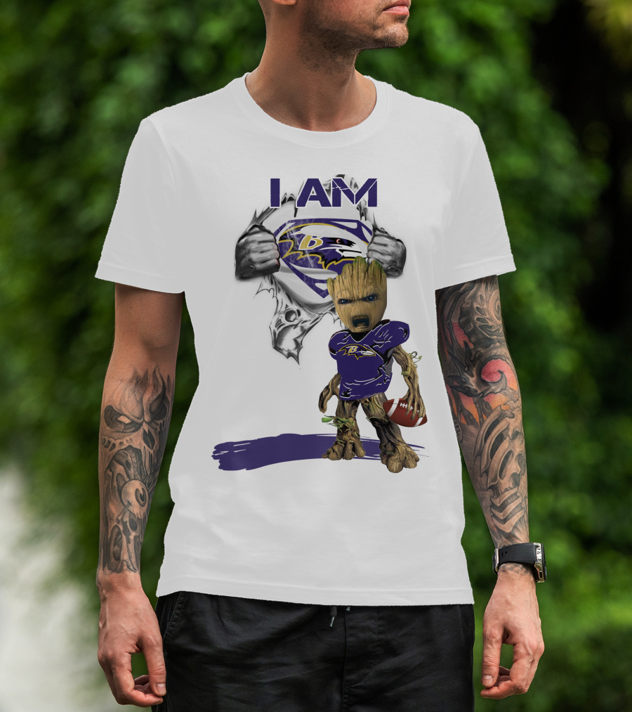 I Am Ravens Baby Groot Superman Football Ravens T-Shirt