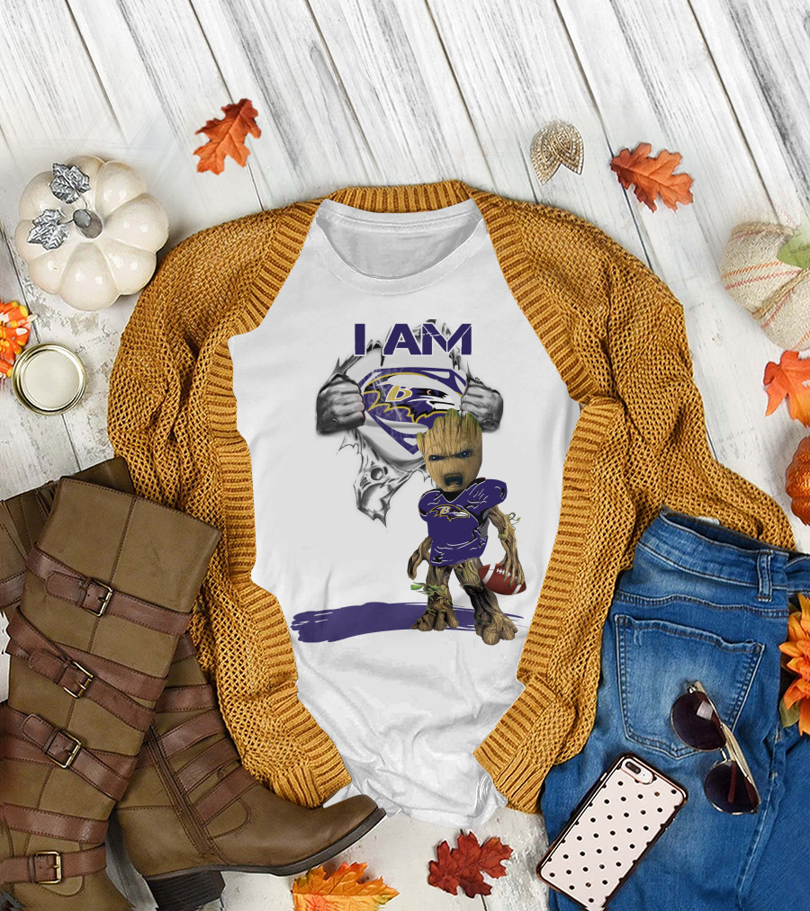 I Am Ravens Baby Groot Superman Football Ravens T-Shirt