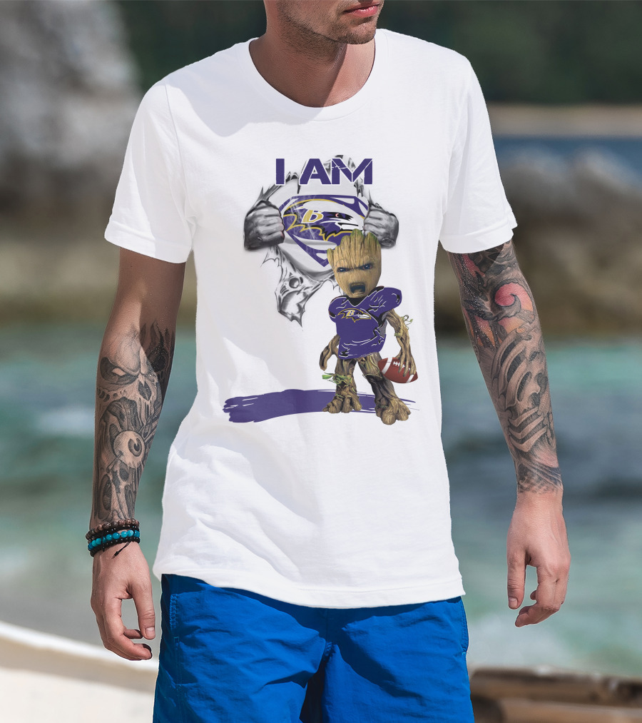 I Am Ravens Baby Groot Superman Football Ravens T-Shirt