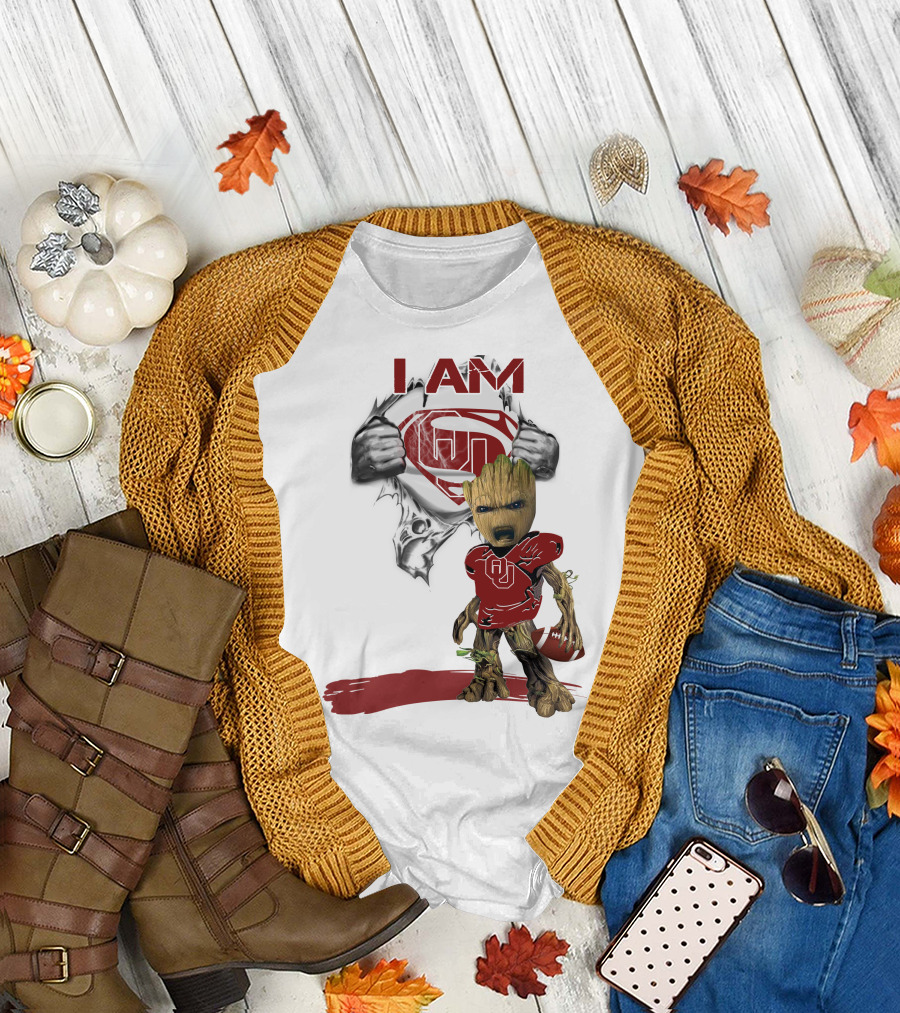 I AM Sooners Baby Groot Superman Football T-Shirt