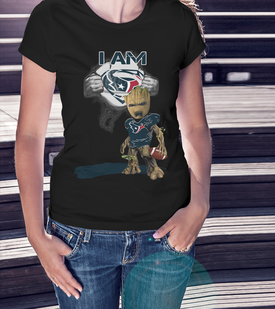 I Am Texans Baby Groot Superman Logo Football T-Shirt