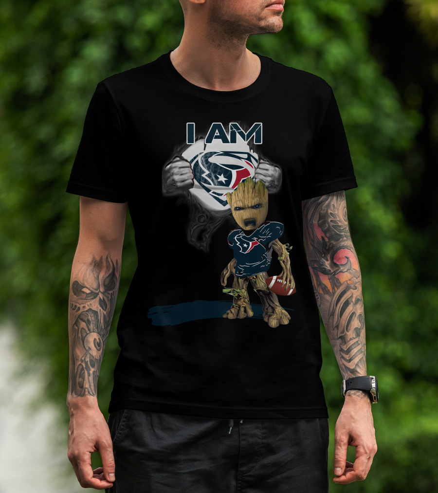 I Am Texans Baby Groot Superman Logo Football T-Shirt