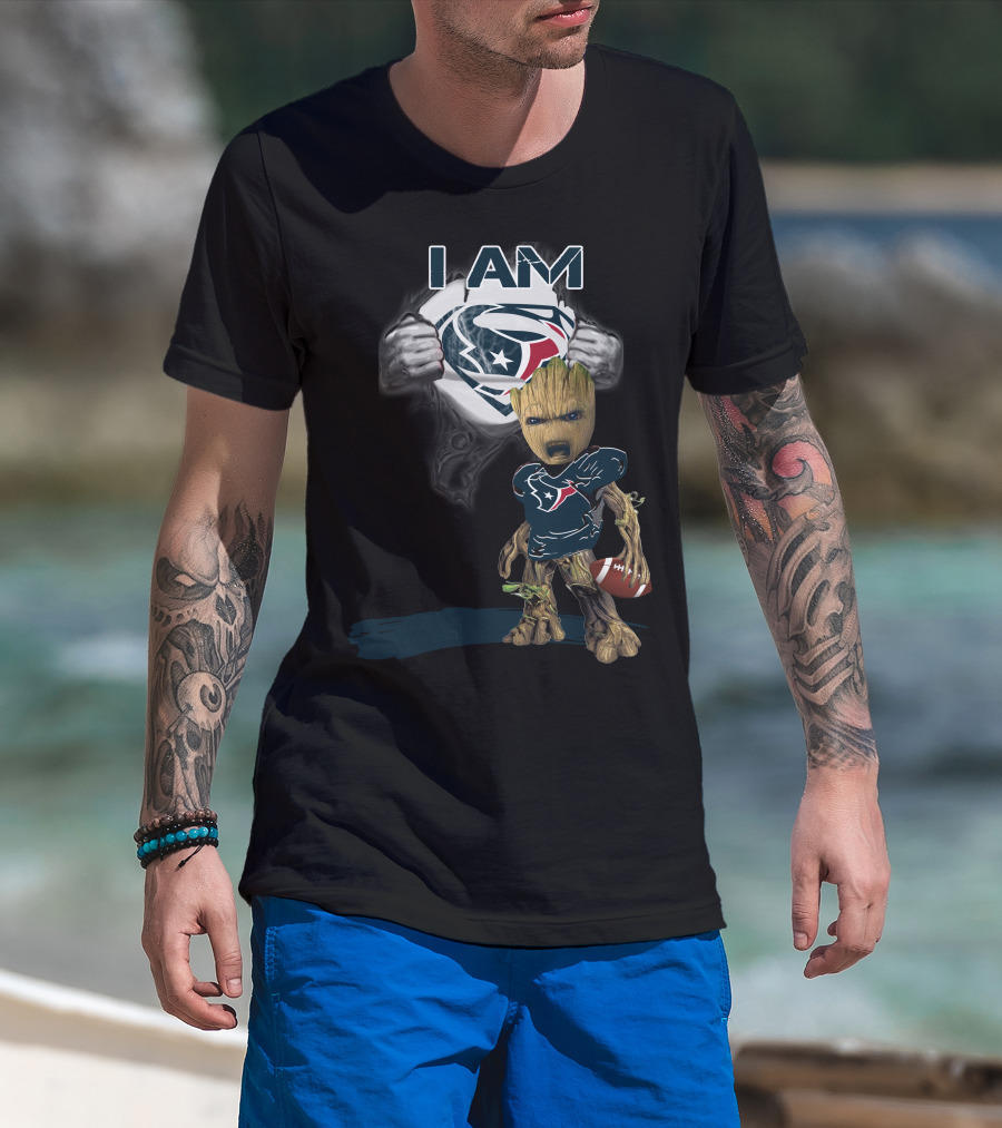 I Am Texans Baby Groot Superman Logo Football T-Shirt