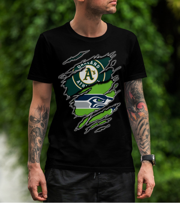 Oakland Athletics A's Seattle Seahawks Logo Split T-Shirt