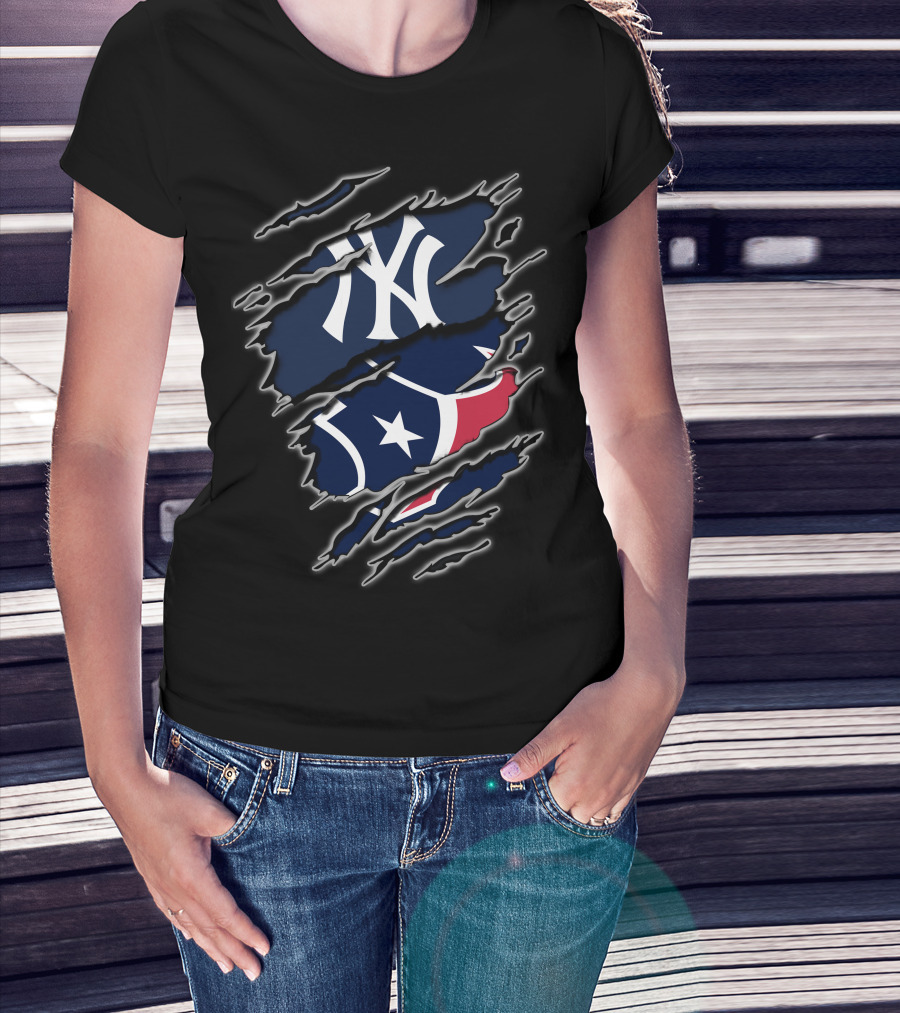 New York Yankees Houston Texans Logo Fusion T-Shirt