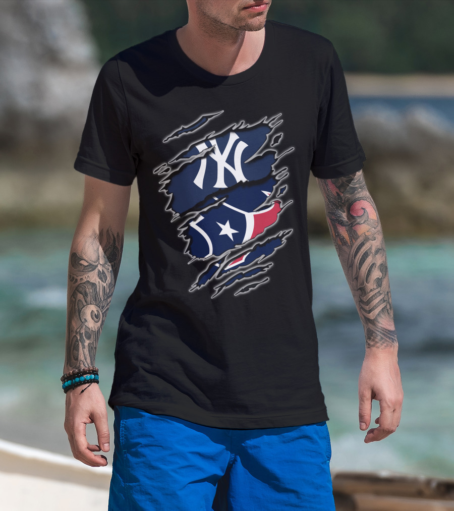 New York Yankees Houston Texans Logo Fusion T-Shirt