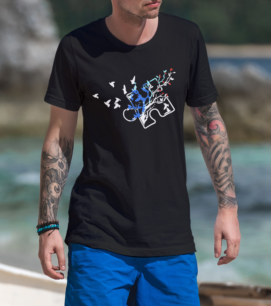 Autism Puzzle Piece With White Birds And Floral Tree Branches T-Shirt