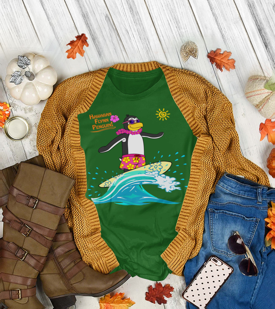 Hawaiian Flynn Penguin Surfing with Floral Lei and Sunglasses T-Shirt