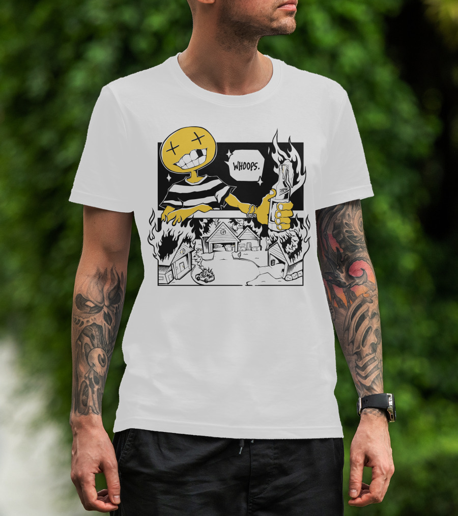 OFFCANNY Whoops Mischievous Grin Burning House Scene T-Shirt