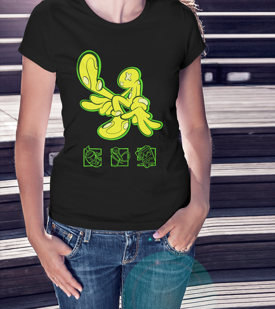 OFFCANNY Neon Cartoon Figure With Iconic Symbols T-Shirt