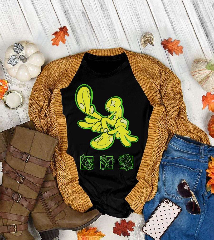 OFFCANNY Neon Cartoon Figure with Iconic Symbols T-Shirt