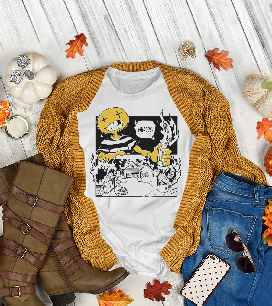 OFFCANNY New Merch Whoops Smiling Figure with Flaming Houses and Bottle T-Shirt