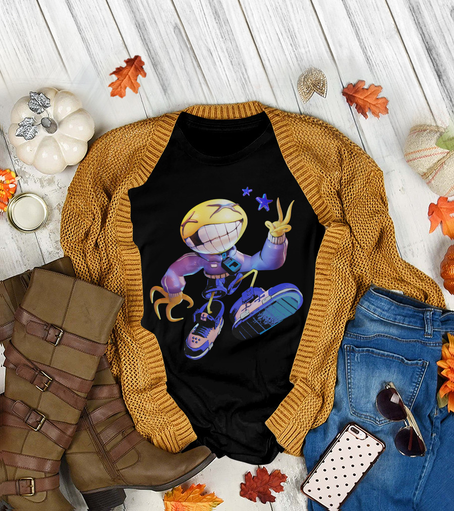 OFFCANNY Smile Face Character with Sneakers and Peace Sign T-Shirt