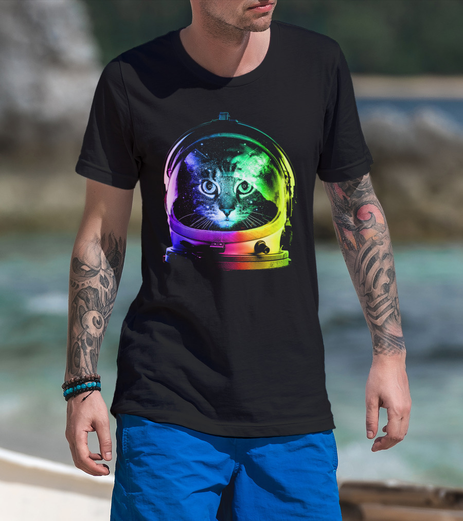 Astronaut Cat Classic Funny Cat In Space Helmet With Rainbow Glow T-Shirt